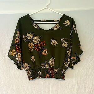 She + Sky Olive Green Floral Summer Draped Ruched Top Women's Size S Small